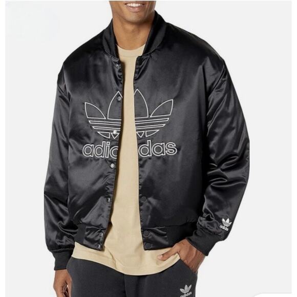 Adidas Originals Men's Adicolor Trefoil Black Satin Bomber Jacket Black XXL NWOT - Picture 1 of 9